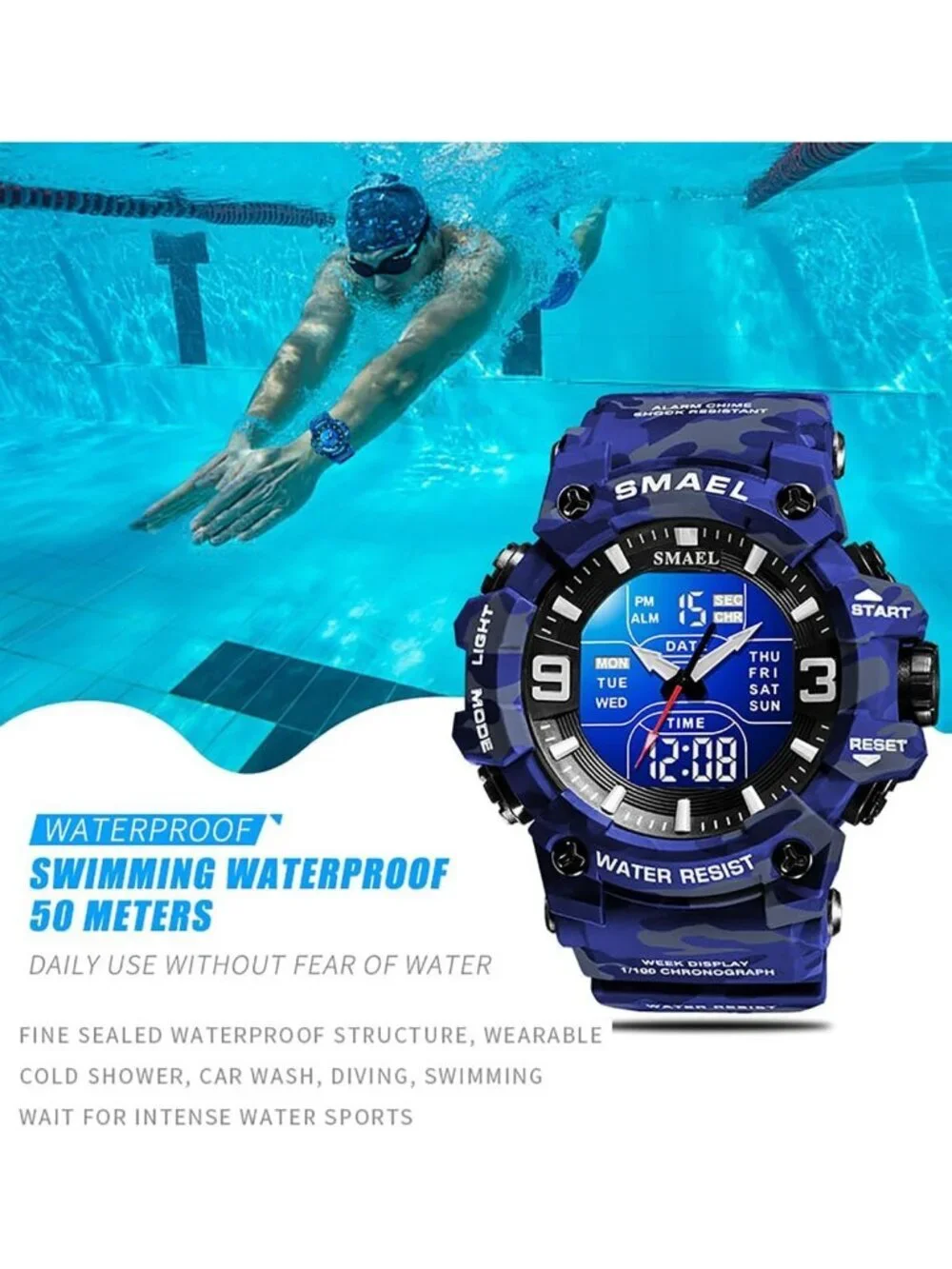 Men's Camouflage Blue Analog Luminous Waterproof LED Electronic Digital Watch